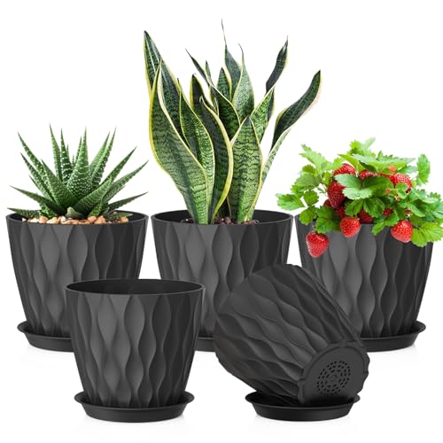 Meowell 7 inch Plant Pots for Indoor Outdoor Plants, 5 Pack Thick Flower Pots with Drainage Holes and Saucers, 3D Modern Wave Texture Plastic Planter Pots for House Plants, Black - color: Black, size: 7 inch 5 pieces