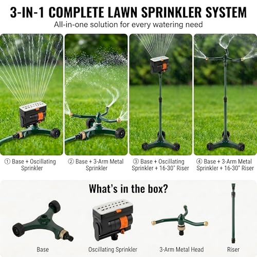 3-in-1 Lawn Sprinkler System with Adjustable 16-30" Riser