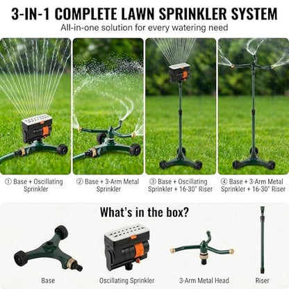3-in-1 Lawn Sprinkler System with Adjustable 16-30" Riser