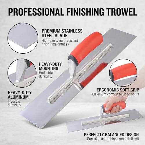 Professional Concrete Finishing Trowel, Stainless Steel Blade with Soft Grip Handle, Silver and Red, 14 x 4 Inch - size: 14*4inch
