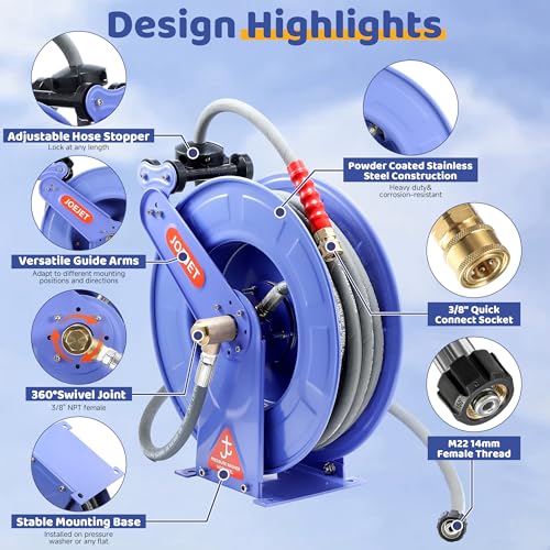 JOEJET Retractable Pressure Washer Hose Reel with Hose, 50 FT x 3/8"