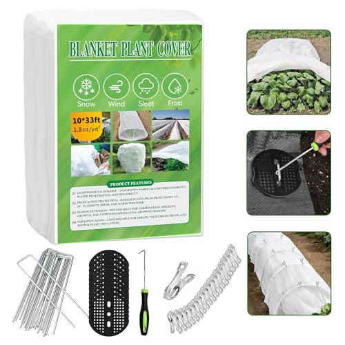 10 FT x 33 FT Plant Covers Freeze Protection kit - 1.8 oz/yd² Thickened Frost Cloths Blankets with Garden Row Cover Accessories for Outdoor Plants, Protect in Winter Cold/Sun Pests (White) - color: White