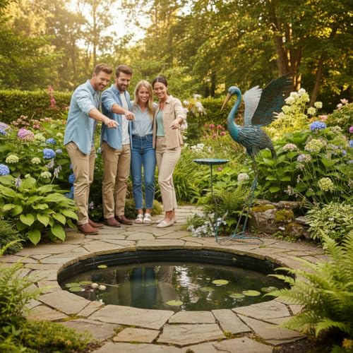 Large Heron Outdoor Statues with Leaf Tray - color: Blue & Gold-heron