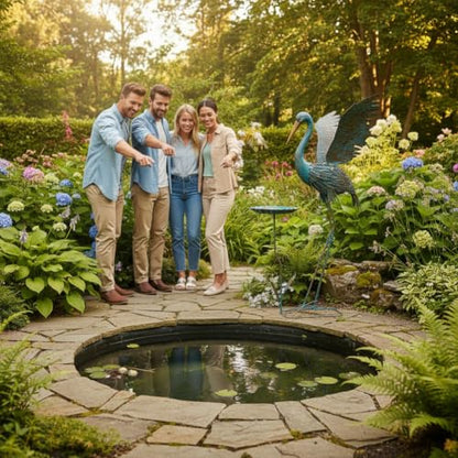 Large Heron Outdoor Statues with Leaf Tray - color: Blue & Gold-heron