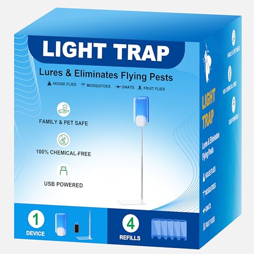 Insect Trap for Indoor Control of Fruit Flies and Gnats, Uses Gentle Purple Light, Pollution-Free and Chemical-Free, Includes 1 Plug-in Device and 4 Sticky Traps, with an Extendable Pole and Base
