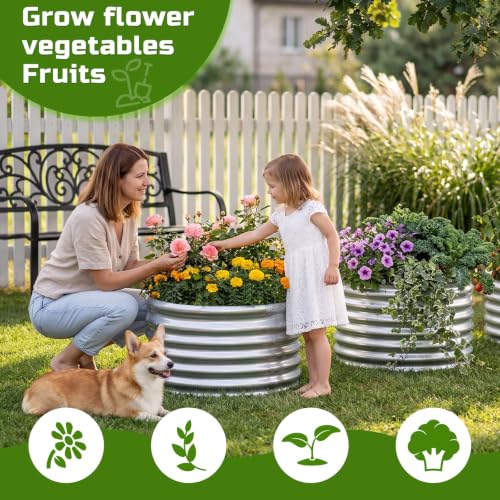 AHEONLAR 3PCS 2x2x2FT Galvanized Raised Garden Bed Kit Round Metal Flower Box Large Planter Raised Beds Outdoor Garden for Planting,Fruit,Herb Silver - color: Silver