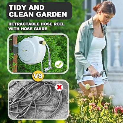 Retractable Garden Hose Reel, 1/2 in 100+6 ft, Heavy Duty Wall Mounted Water Hose Reel, Spring Power Automatic Rewind, Any Length Lock, 180° Swivel Bracket, 10 Pattern Spray Nozzle - size: 1/2“ 100FT