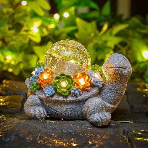 Brightown-Solar-Turtle-Garden-Decor-Statue with 5 Succulent LED Lights, Hand-Painted Resin, IP65 Waterproof Outdoor Decor for Patio, Balcony & Yard Decorations, Unique Mothers Day Gifts for Mom - color: Gray Turtle