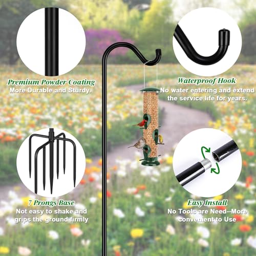 FEED GARDEN 92 Inch Adjustable Outdoor Shepherds Hook Bird Feeder Pole with 7 Prongs Base, Premium Steel Heavy Duty Tall Shepards Hooks for Hanging Bird Feeders, Plant Basket, Lanterns, 1 Pack - size: 92 Inch
