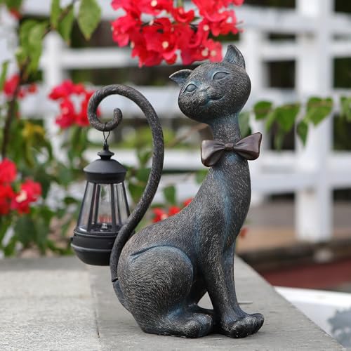 Cat Outdoor Statues with Solar Garden Light - color: Bronze