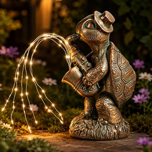Solar Turtle Statue with Saxophone String Lights for Garden Decor