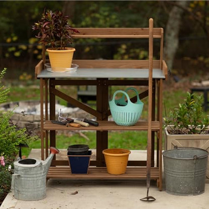 PetsCosset Folding Garden Potting Bench Table，Outdoor Wooden Work Station W/Metal Table Top,2 Tier Open Storage Rack,Top Shelf-Natural Stained