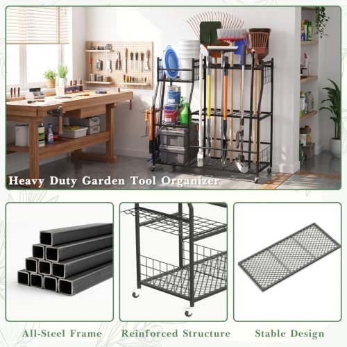 Faesun Garden Tool Organizer with Wheels for Garage,Extra Large Capacity Rolling Yard Tool Storage Rack,Holds 24 Tools + 10 Secure Slots, Heavy Duty Cart for Shed,Garden & Outdoor Use - size: Plus-Large Wheels
