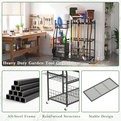 Faesun Garden Tool Organizer with Wheels for Garage,Extra Large Capacity Rolling Yard Tool Storage Rack,Holds 24 Tools + 10 Secure Slots, Heavy Duty Cart for Shed,Garden & Outdoor Use - size: Plus-Large Wheels