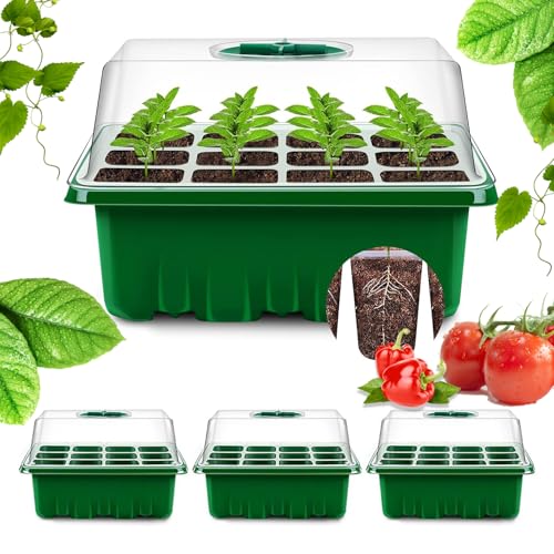 3PCS Seed Starter Tray, Planter Kit with Adjustable Breathing Cap, Seedling Starter Trays with Humidity Domes, Covers Height 1.8", Indoor Gardening Plant Germination Trays (12 Cells per Tray)