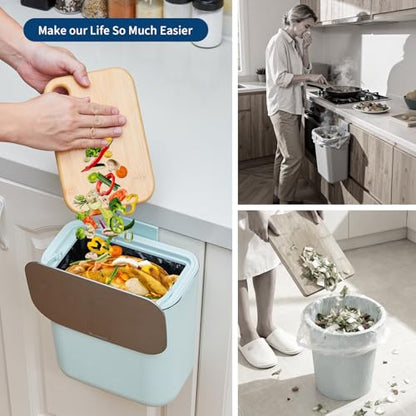 2.38 Gallon / 9 Liter Compost Bin Hanging Trash Can Stainless Steel Garbage Can with Stainless Steel Lid and Hanging Hook, for Kitchen、Bathroom& Offices, Green - color: Green, size: Large