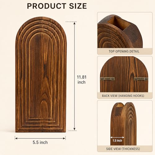2 Pack Wooden Wall Vase Set, YOPIKUU Brown Boho Hanging Wall Planter Vase
