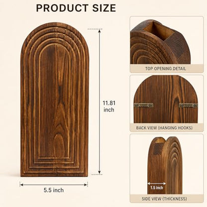 2 Pack Wooden Wall Vase Set, YOPIKUU Brown Boho Hanging Wall Planter Vase