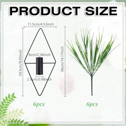 6Pcs Iron Diamond Wall-Mounted Vase Black Wall Decor Hanging Planter with Artificial Grass Greenery Indoor Plants Holder Wall Decoration for Bathroom Bedroom Living Room Decor