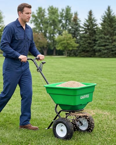 Heavy Duty 100L Push Broadcast Spreader – 12FT Spreading Width, 13" All-Terrain Wheels, Adjustable Current, Walk-Behind Lawn & Garden Seeder for Fertilizer, Grass Seed, Salt, Ice Melt – Green