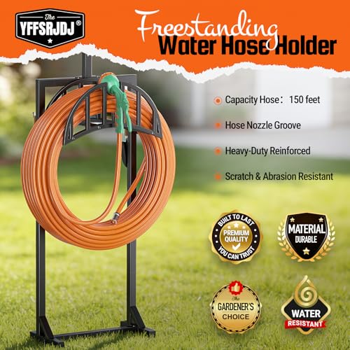 Garden Hose Holder, Water Hose Stand for Outside with 4 Stake and 2 Shepherds Hooks, Freestanding Hose Storage Holds 150Ft, Heavy-Duty Metal Hose Hanger Rack for Yard, Lawn, Farm
