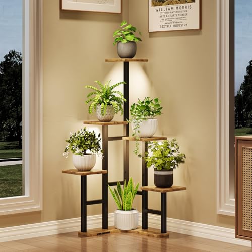 Corner Plant Stand Indoor with Grow Lights 6 Tiered Corner Plant Shelf - color: Rustic Brown(with Lights), size: 6 Tier-Square