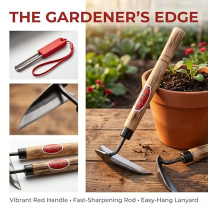 Japanese Garden Hand Hoe Sickle, Hand Weed Puller with Replacement Wooden Handle, Gardening Sickle for DIY Yard Work (Right-Handed)
