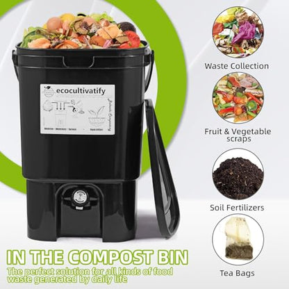 20L Bokashi Compost Bin, 5.28 Gallon Compost Bin for Kitchen Composter with Lid, Bokashi Start Kit with Bran (Tan & Dark Green) (20L/5.28GAL Black) - color: 20L/5.28GAL Black