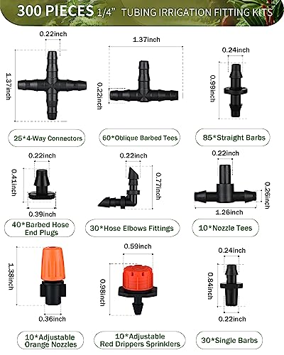 300Pcs Drip Irrigation Fittings Kit for 1/4" Tubing, Drip Line Connectors for Drip Systems- Drip Emitters, Nozzles, Nozzle Tees, Single barbs, 4-Way Connectors, End Plugs, Elbows, Tees, Couplings