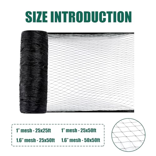 25x50ft Heavy Duty Bird Netting, 1" Mesh for Garden Fruit Trees - size: 1‘’-25×50FT