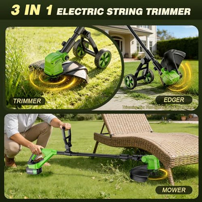 Cordless Weed Wacker with Wheels, 21V Battery Powered Weed Eater with 8 Spools & 2 Batteries, Lightweight Lawn Mower & Adjustable Grass Cutter Tools for Yard, Lawn Care