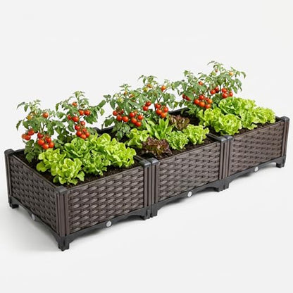 3 Planter Boxes Rectangular Raised Garden Bed Kit Indoor Outdoor Plastic Planter Grow Box for Fresh Vegetables, Herbs, Flowers & Succulents, Brown, 46.4'' X 15.7'' X 8.46''