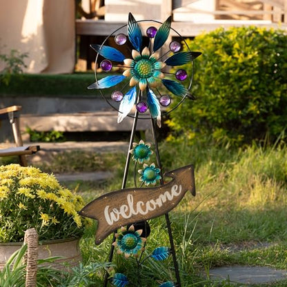 TERESA'S COLLECTIONS Solar Metal Wind Spinner Garden Stake Mom Gift 26" - color: Blue, size: Medium