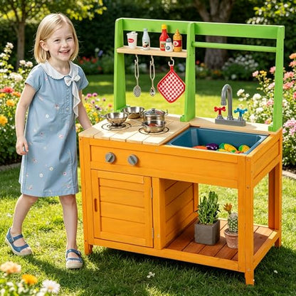 Costzon Mud Kitchen for Kids Outdoor, Wooden Play Kitchen w/Stoves, Removable Sink, Faucet, Oven, Cooking Accessories, Storage Shelves, Montessori Pretend Kitchen Playset for Girls&Boys 3+ Years Old - style: with Storage Shelf