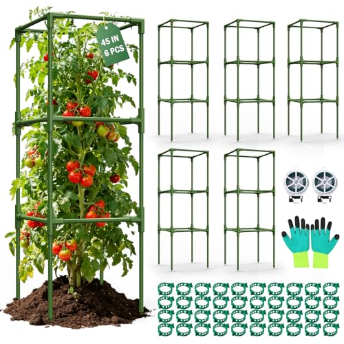 Uyittour 6 Pack Square Tomato Cages for Garden, 45" Heavy Duty Tomato Trellis Plant Support Cages for Raised Garden Bed Climbing Vegetables, Set with Garden Gloves, 40 Clips & 2 Rolls 65FT Tie Wire
