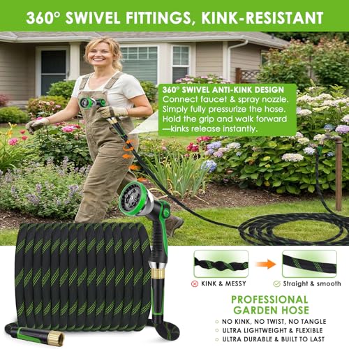 25 ft Non-Expanding Garden Hose, 360° Anti-Kink Swivel Fittings - color: Green, size: 25ft