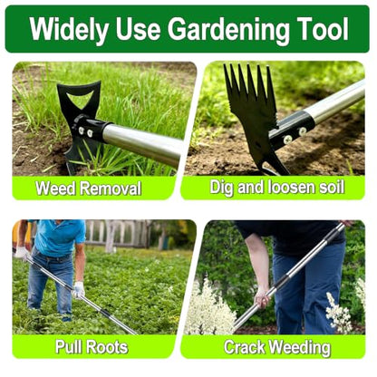 Stand Up Weed Puller Tool 2 in 1 Heavy Duty Manual Weeder & Garden Hoe, 4-Claw Steel Head Weed Remover with Gloves for Yard Lawn Patio Flower Bed