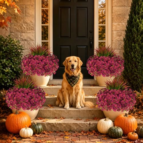15 Pcs Artificial Fall Flowers for Outdoor Fake Mums Porch Decor, Red