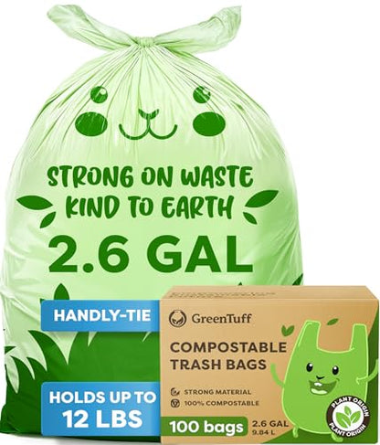 2.6 Gallon Compostable Trash Bags (100 Count) — Thick 0.7 Mil Small Compost Bin Liners — Leak-Resistant Plant-Based Food Scrap Bags for Countertop Kitchen Compost Pails — ASTM D6400 BPI Certified - style: 2.6 Gallon | Handle-Tie | 100-pack