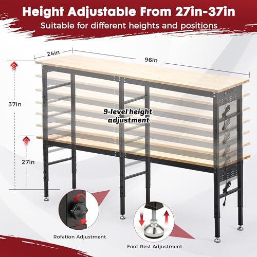 96" Adjustable Workbench with Rubberwood Top & Power Outlet, Large 96x24Inch 9-Level Height Range 27"-37", 5000 LBS Heavy Duty Capacity for Workshop, Office, Garage, Home - size: 96*24 Inch