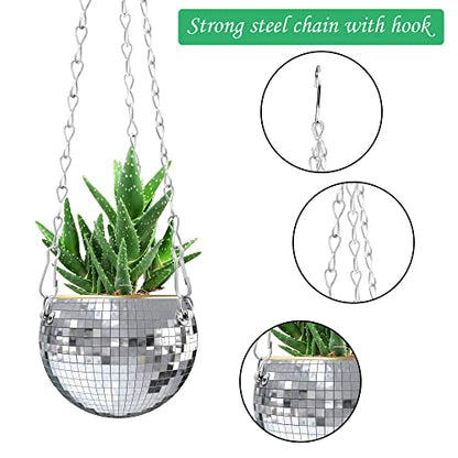 moonoom 2 Pcs Hanging Disco Ball Planter - 4Inch Sliver Disco Mirror Ball Planter with Chain - Home Boho Hanging Planter for Indoor Outdoor Plants