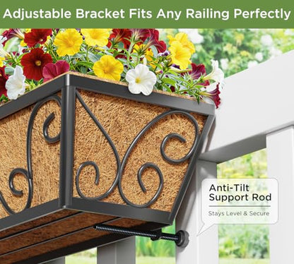Y&M 24 Inch Window Deck with Coco Liner, Fence Metal Hanging Flower Planter Window Basket Deck Railing Planter Boxes for Outdoor Garden Lawn-Butterfly, 2pcs - size: Butterfly 24in 2p