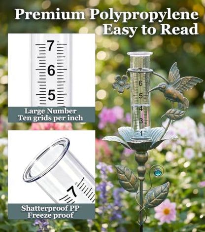 shumi Rain Gauge Outdoor, 7" Hummingbird Rain Gauge for Garden Decor