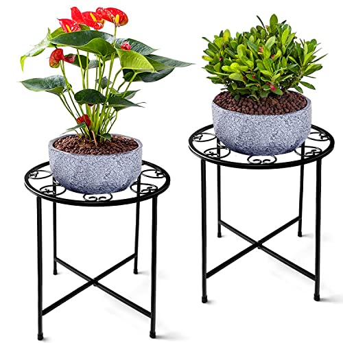KABB Metal Plant Stand, 15'' Tall Flower Pot Stand Set of 2, Modern Rustproof 10-inch Round Outdoor Plant Stand | Iron Art Flower Stand | Plant Stool, Decorative Black Plant Stands for Indoor Plants