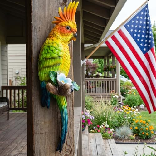 15" H Hanging Parrot Statue, Patio Decor Statues, Garden Outdoor Animal Tropical Statues Decor, Tiki Bar for Outside, Real Bird & Tiki Statue, Vibrant Hanging Parrots for Patio (Yellow) - color: Yellow Parrot