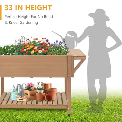 ketive Raised Garden Bed with Lockable Wheels Mobile Elevated Wood Planter,Storage Shelf, Protective Liner,55.5x24x32in (Brown) - size: 55.5" x 24" x 33"