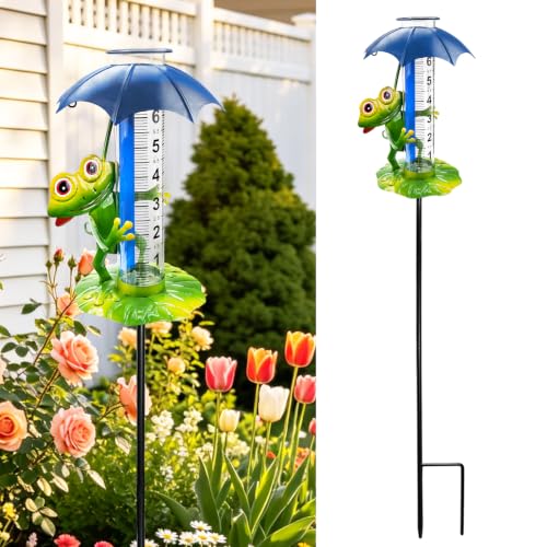 Rain Gauge Outdoor, 0-7 Inch Decorative Frog Rain Gauge with Garden Stake