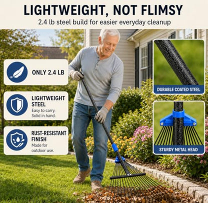 Adjustable Leaf Rake, 8-17" Collapsible Metal Head, 7FT Long Handle - size: 90 Inch
