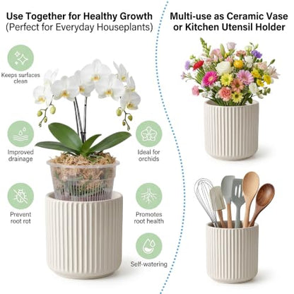 Large Ceramic self Watering Pot for houseplant,6.4inch&4 inch,White - color: White, size: 6.4inch + 4inch
