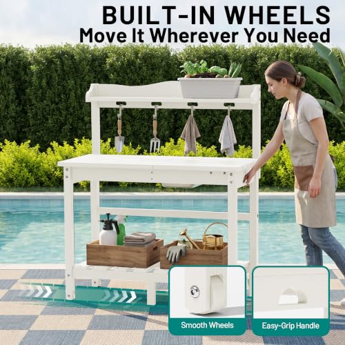 PLUUV Potting Bench with Removeable Sink, Garden Potting Table, White - color: White
